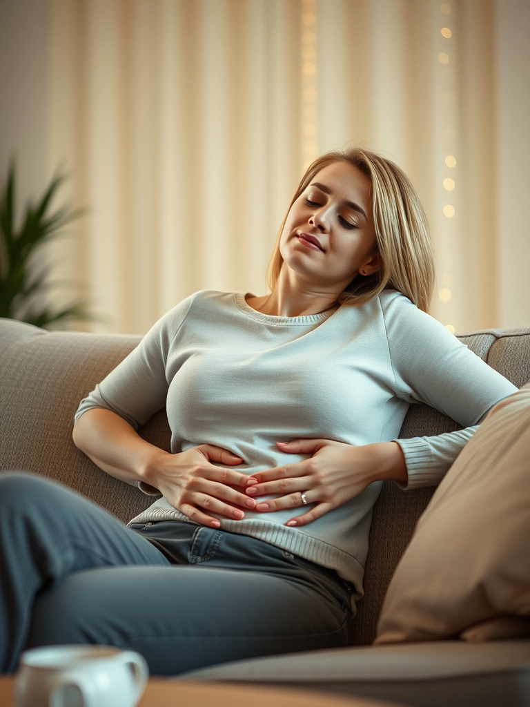 white woman with tummy pain on the couch